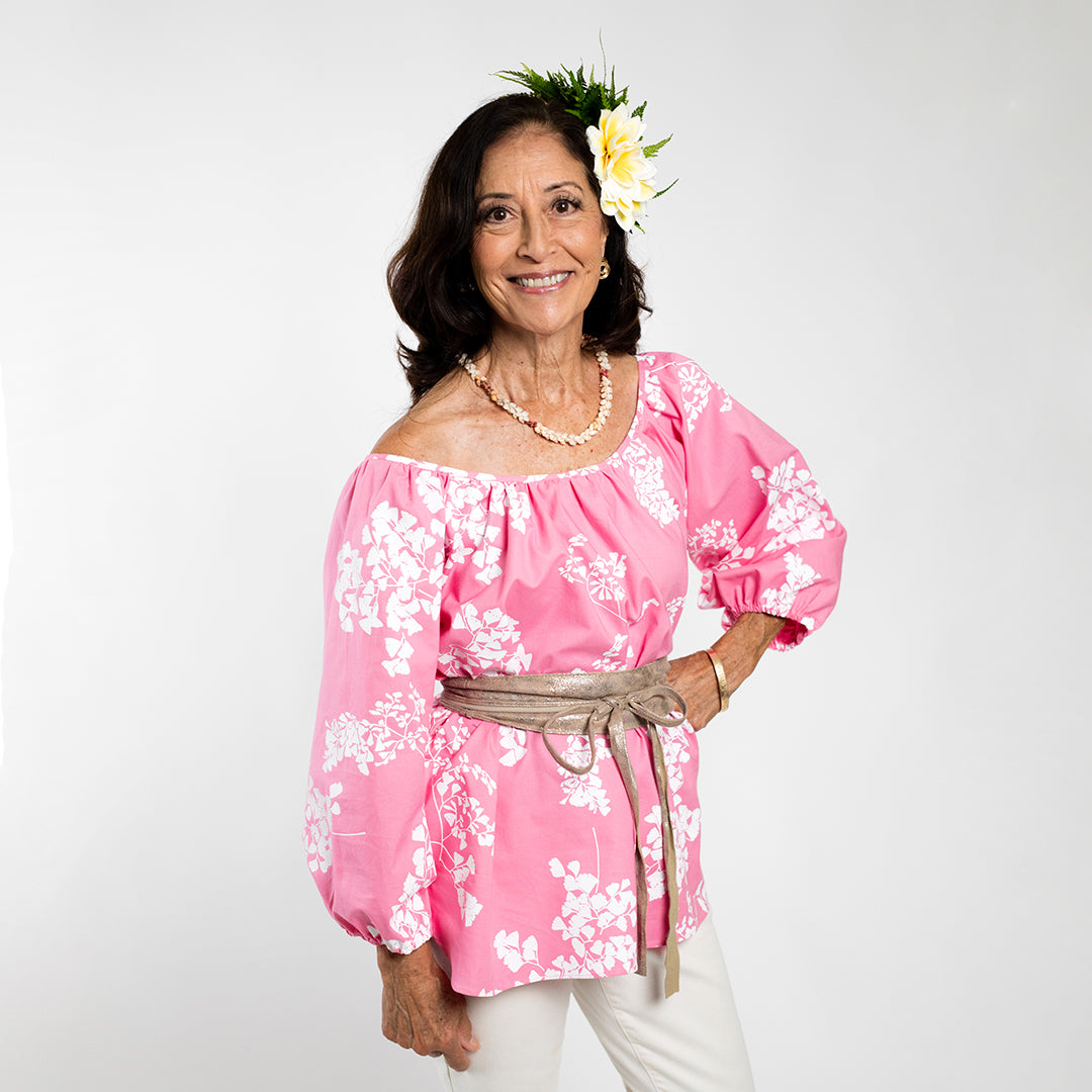 Hula Blouse | ʻIwaʻiwa Nui | White on Pink