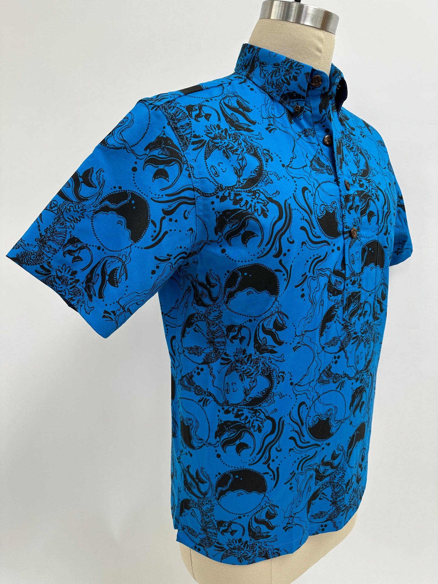 Pull Over Aloha Shirt | Coral Reef | Black on Turquoise