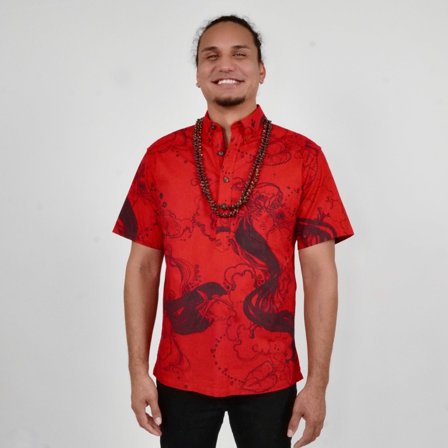 Nehru Collar-Short Sleeve Button Down Shirt | Dream Ladies | Black on Red