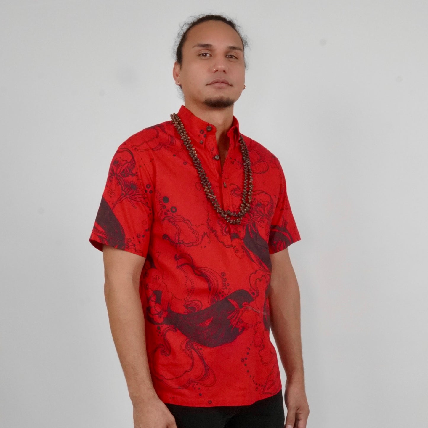 Nehru Collar-Short Sleeve Button Down Shirt | Dream Ladies | Black on Red