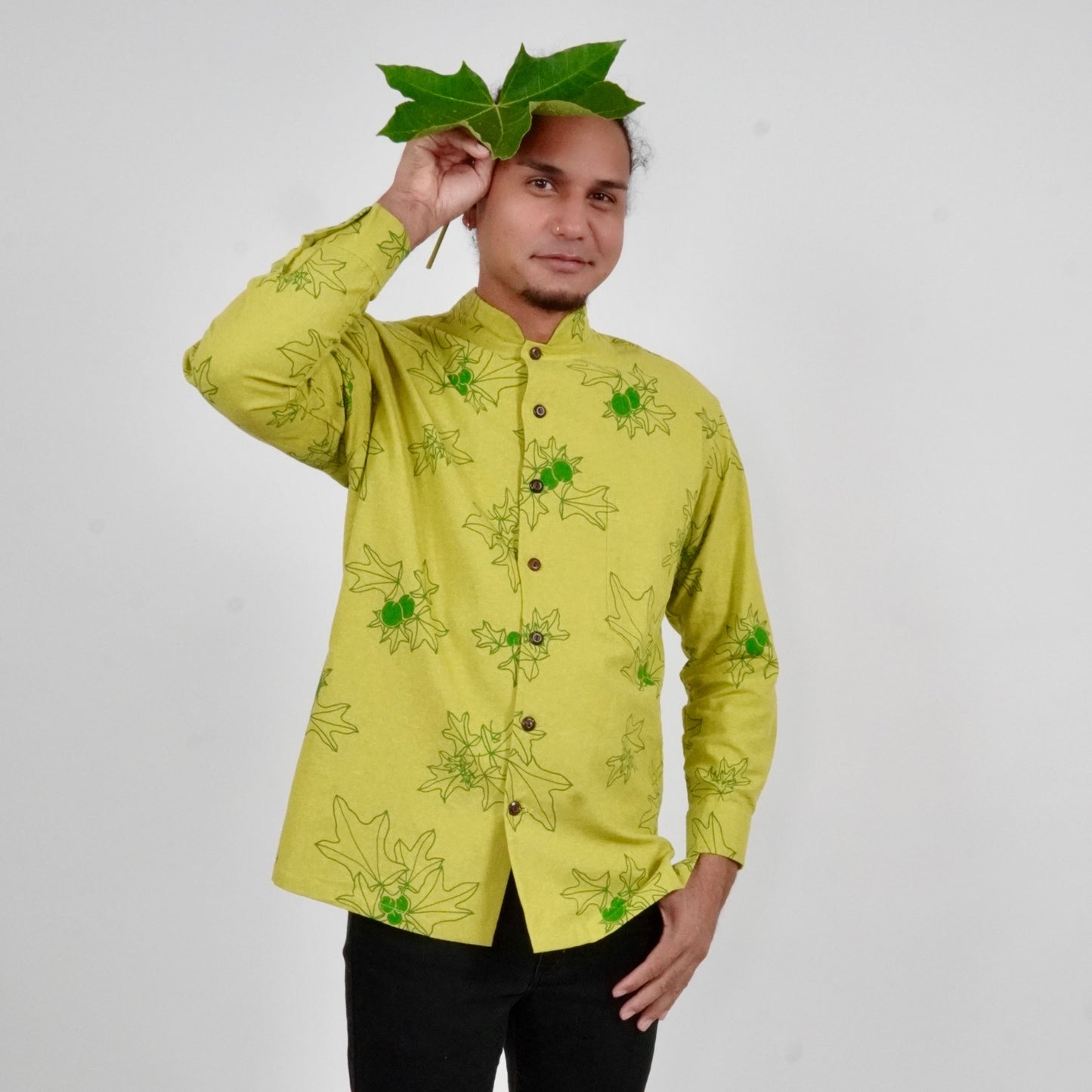Nehru collar-Long Sleeve Button Down Shirt | Kukui | Green on Lime Green