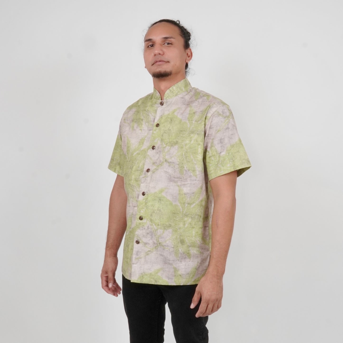 Nehru Collar-Short Sleeve Button Down Shirt | Ulu | Green on Chalk & Charcoal