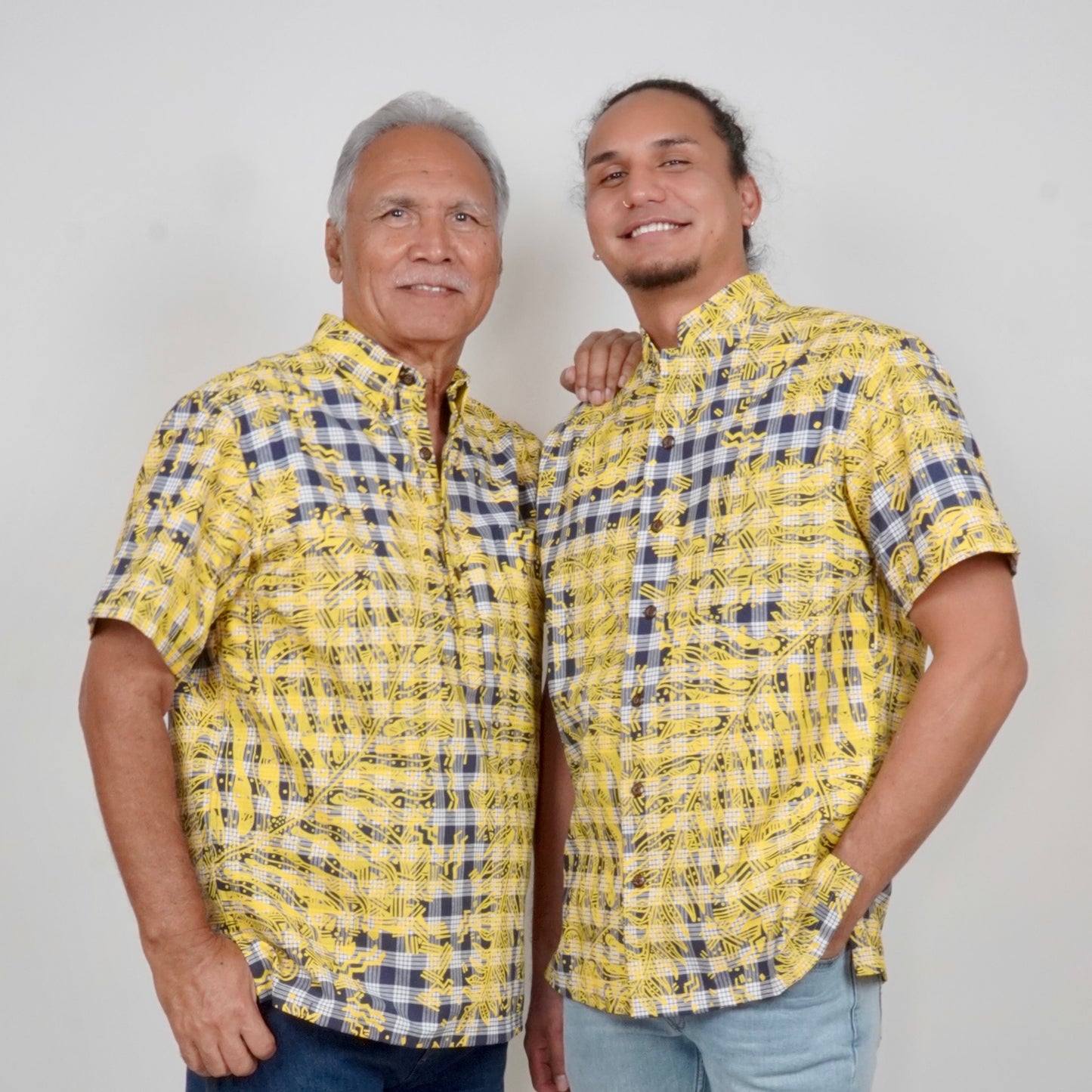 Pull Over Aloha Shirt | Hapu'u Fern | Yellow on Navy Palaka