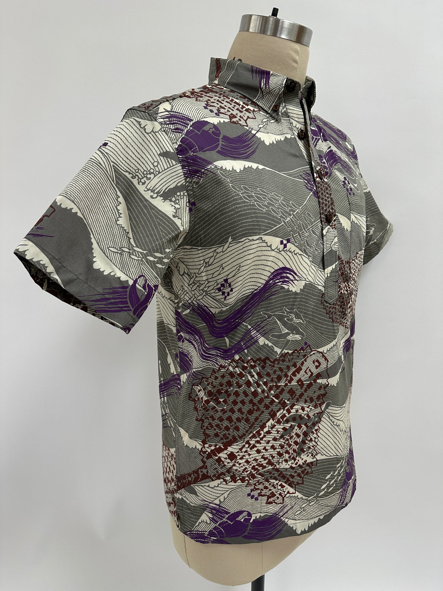 Pull Over Aloha Shirt | Fans & Shells on Whale Print| Brown & Hibiscus on Grey & White