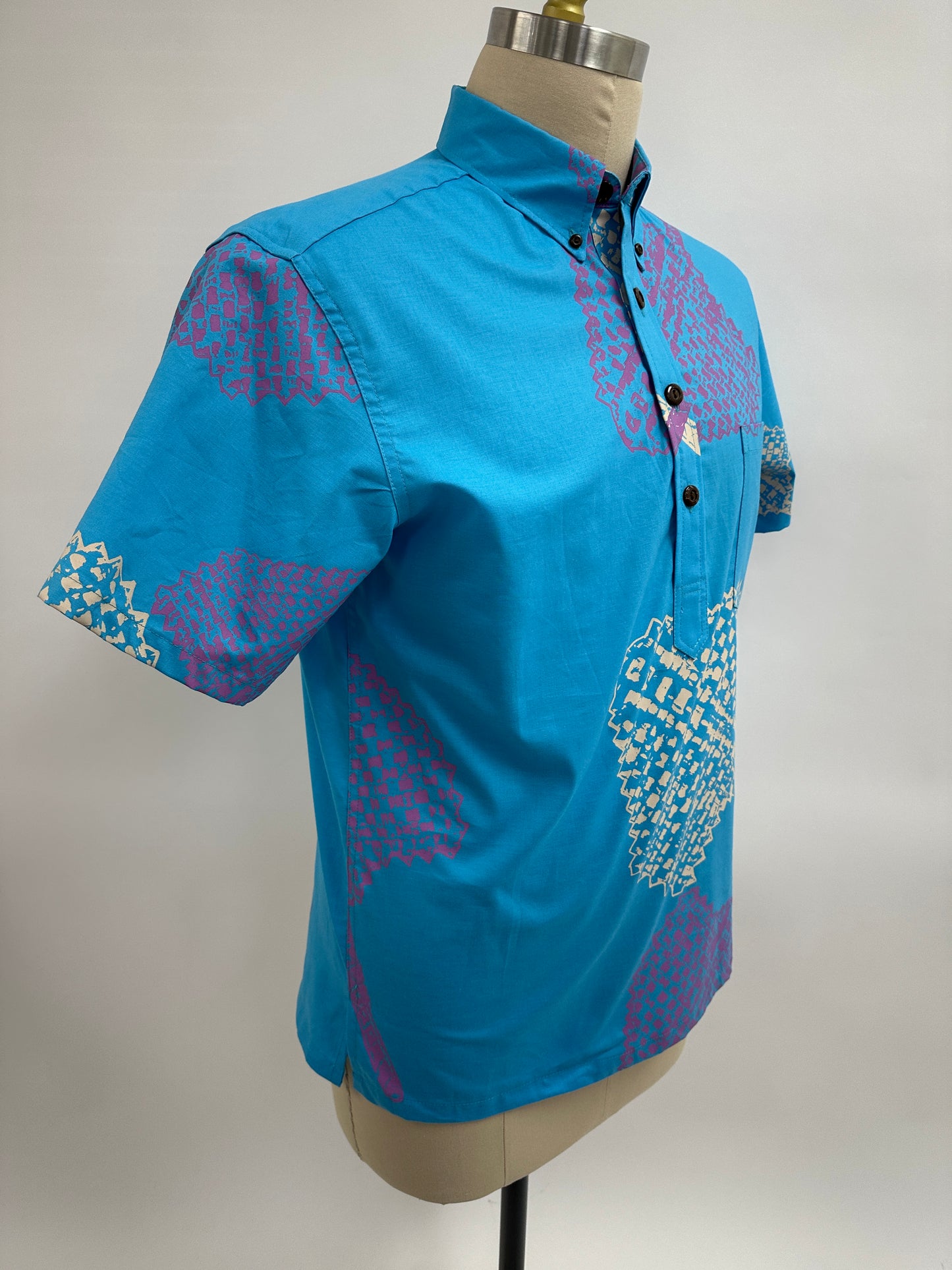Pull Over Aloha Shirt | Lauhala Fans | Parchment and Corsage on Turquoise
