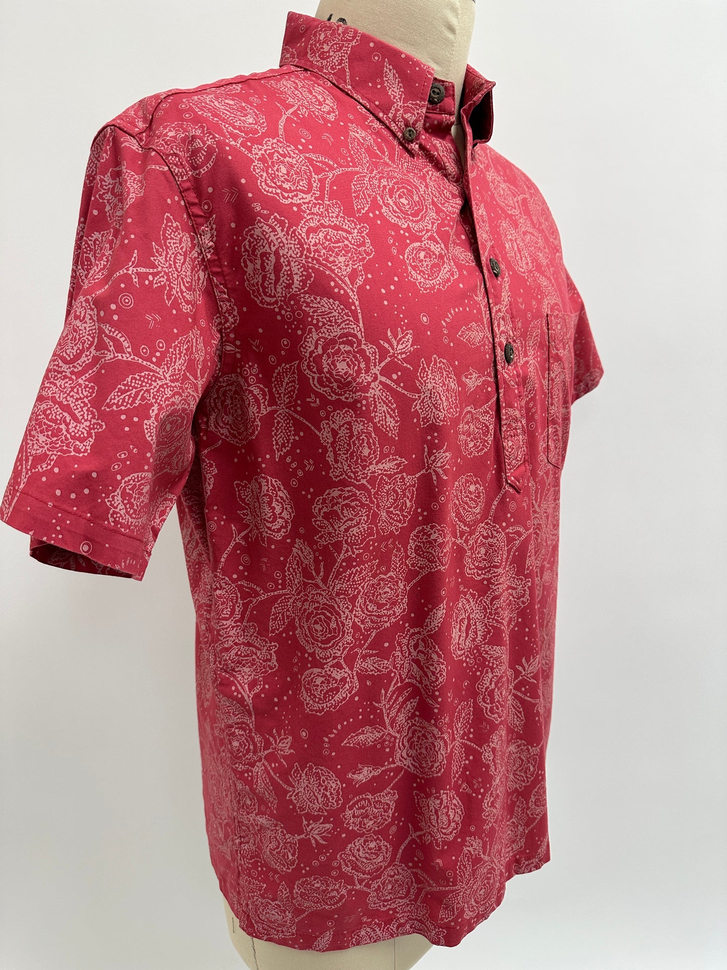 Pre-Loved Pull Over Aloha Shirt | Nake’u Awai | Lokelani | Cream on Deep Rose