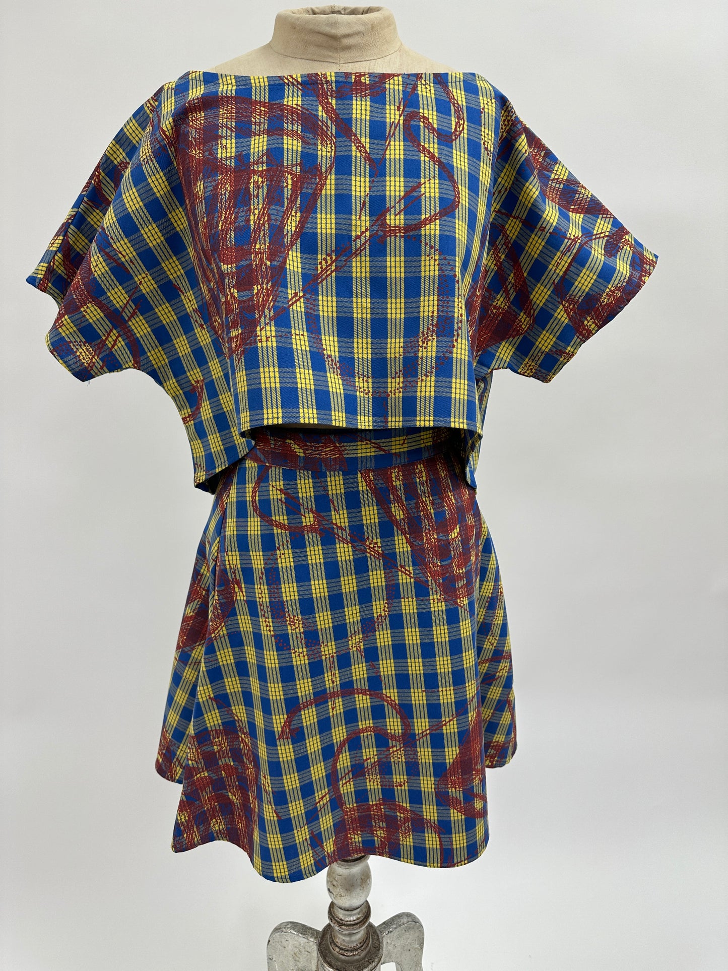 Sophie Crop Top | Pahu Puniu Drums | Paprika on Blue & Yellow Palaka