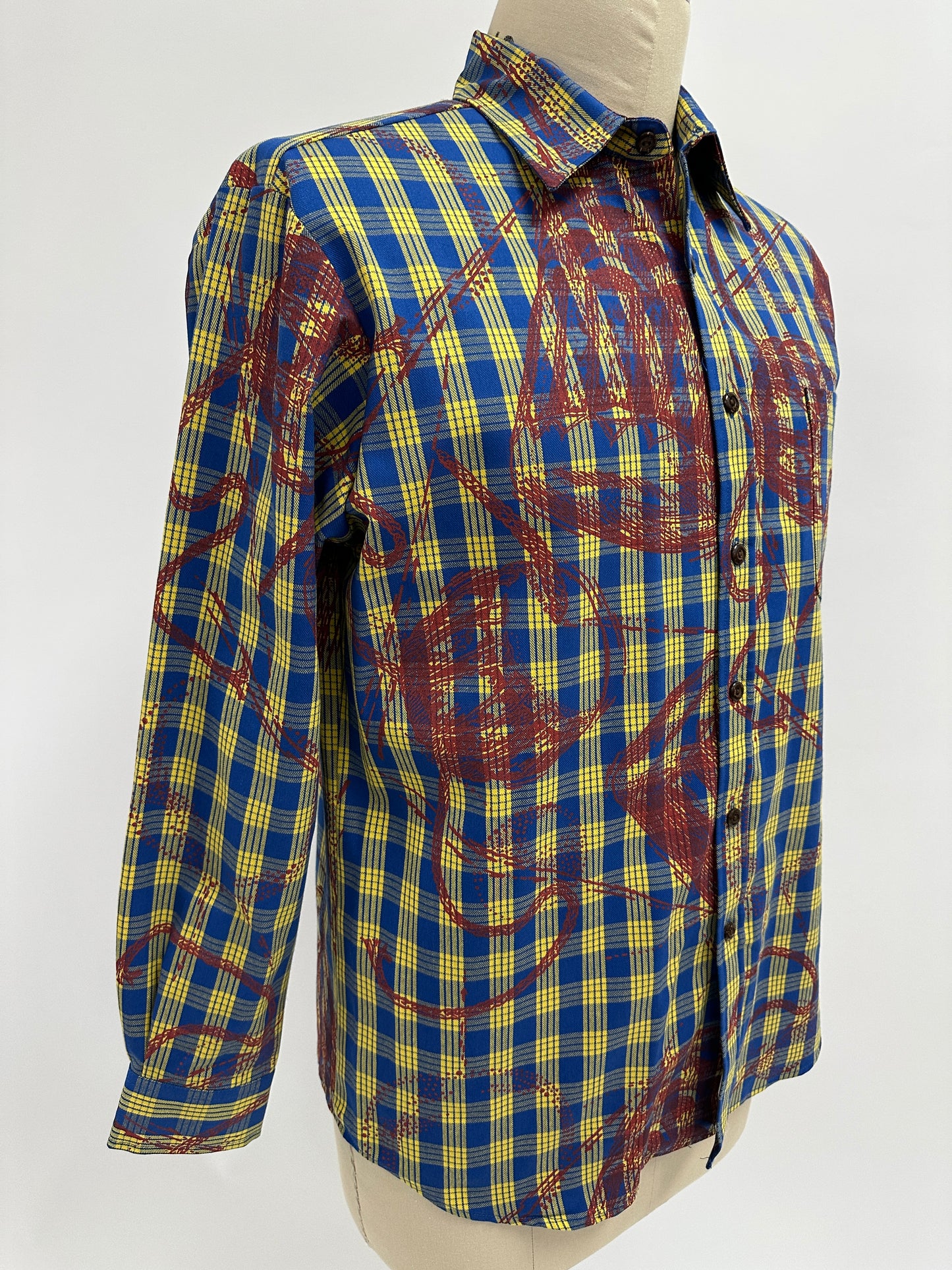 Long Sleeve Button Down Shirt | Pahu Puniu Drum | Paprika on Blue & Yellow Palaka