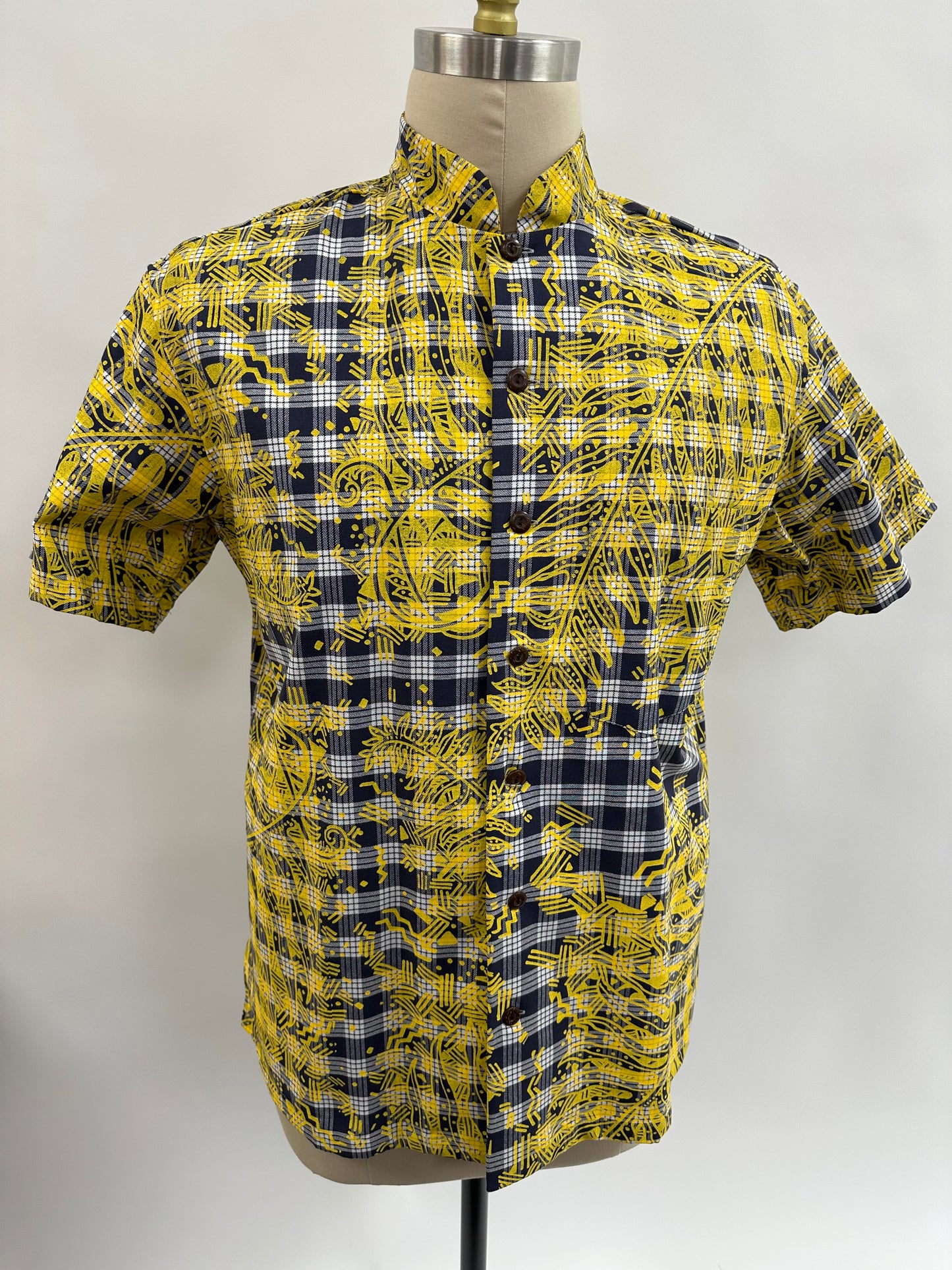 Nehru Collar-Short Sleeve Button Down Shirt | Hapu'u Fern | Yellow on Navy Palaka