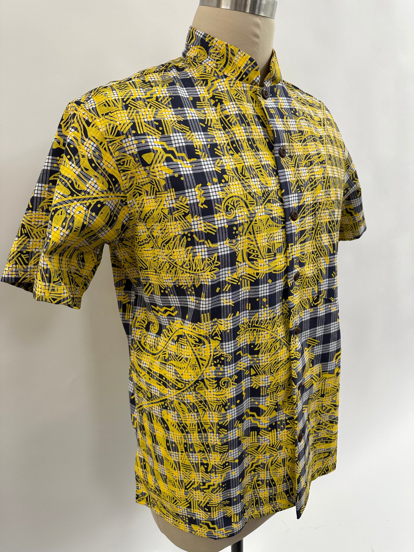 Nehru Collar-Short Sleeve Button Down Shirt | Hapu'u Fern | Yellow on Navy Palaka