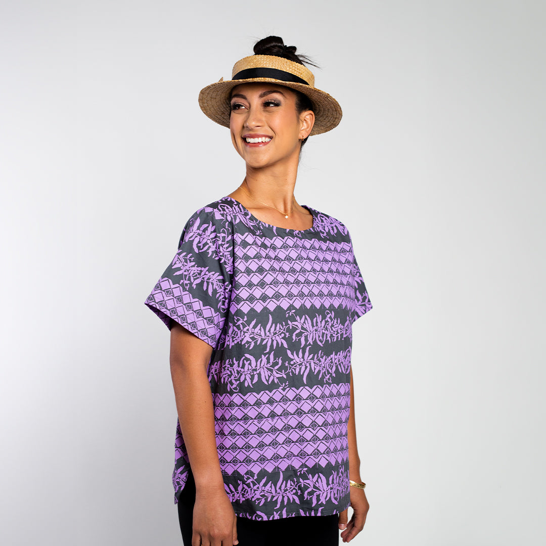 Day Blouse | Maile-Mokihana Tapa | Lavender on Grey