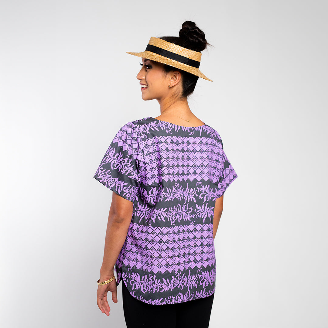 Day Blouse | Maile-Mokihana Tapa | Lavender on Grey