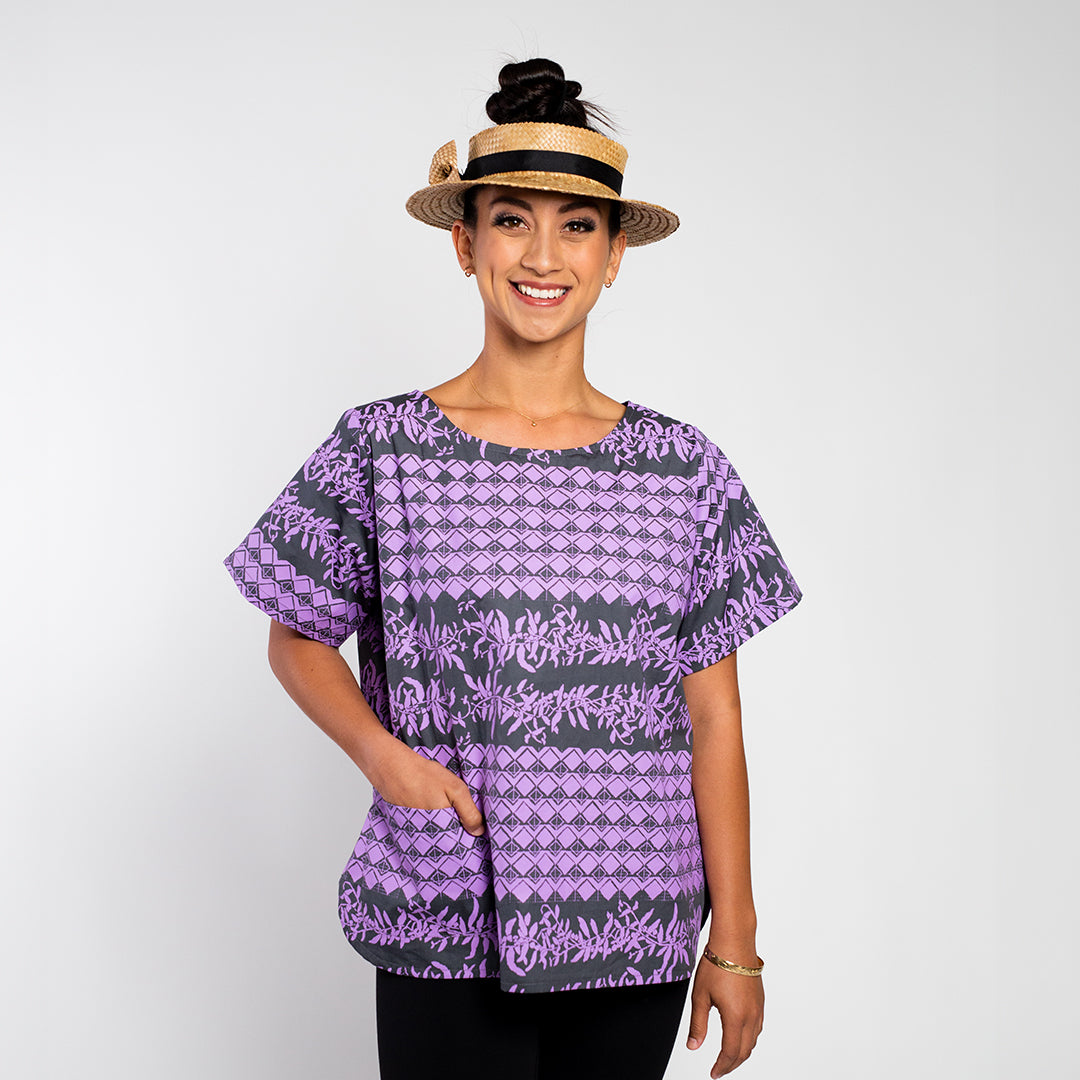 Day Blouse | Maile-Mokihana Tapa | Lavender on Grey