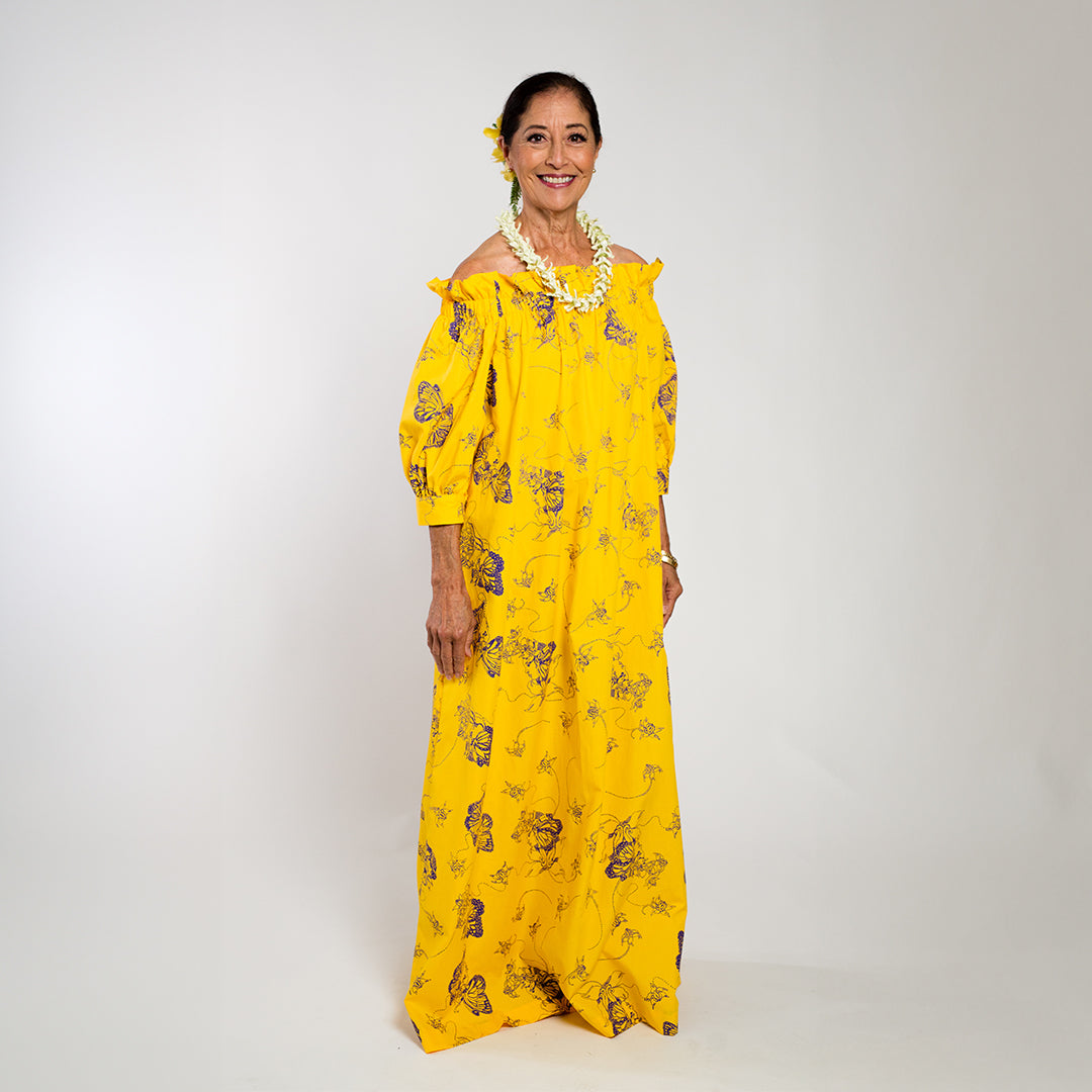 Sassy Muʻumuʻu | Crownflower Butterfly | Purple on Yellow