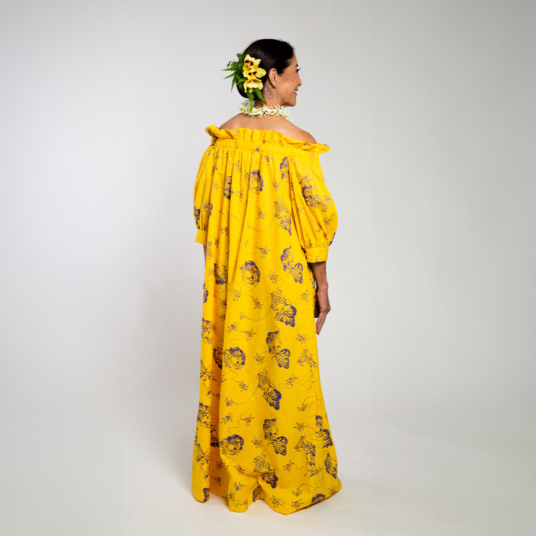 Sassy Muʻumuʻu | Crownflower Butterfly | Purple on Yellow
