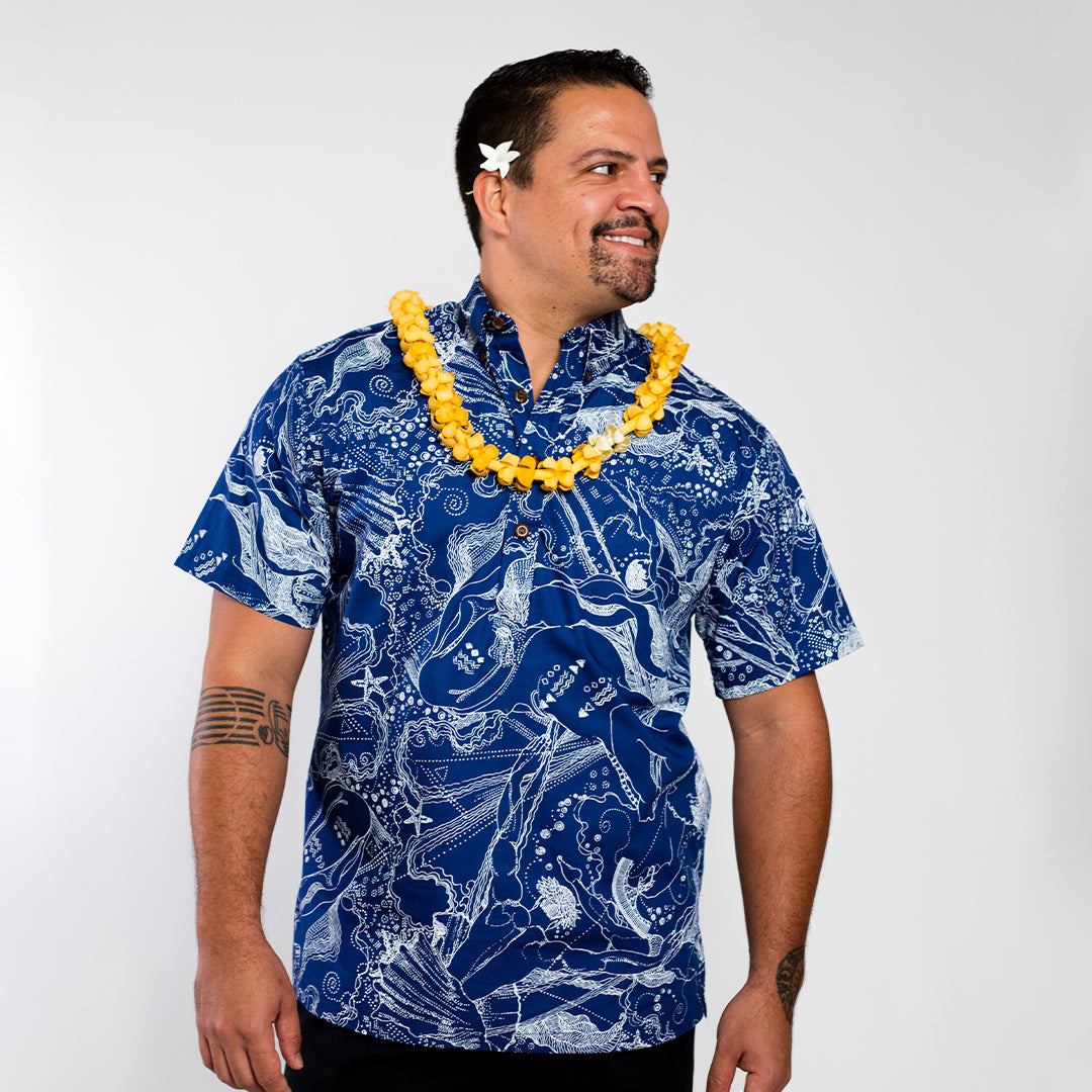 Pull Over Aloha Shirt | Sea Dreams | White on Blue