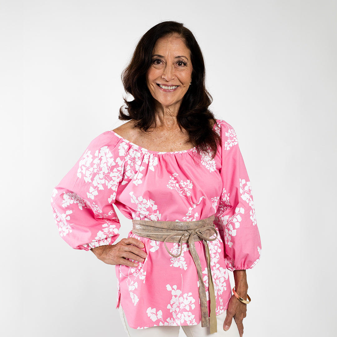 Hula Blouse | ʻIwaʻiwa Nui | White on Pink