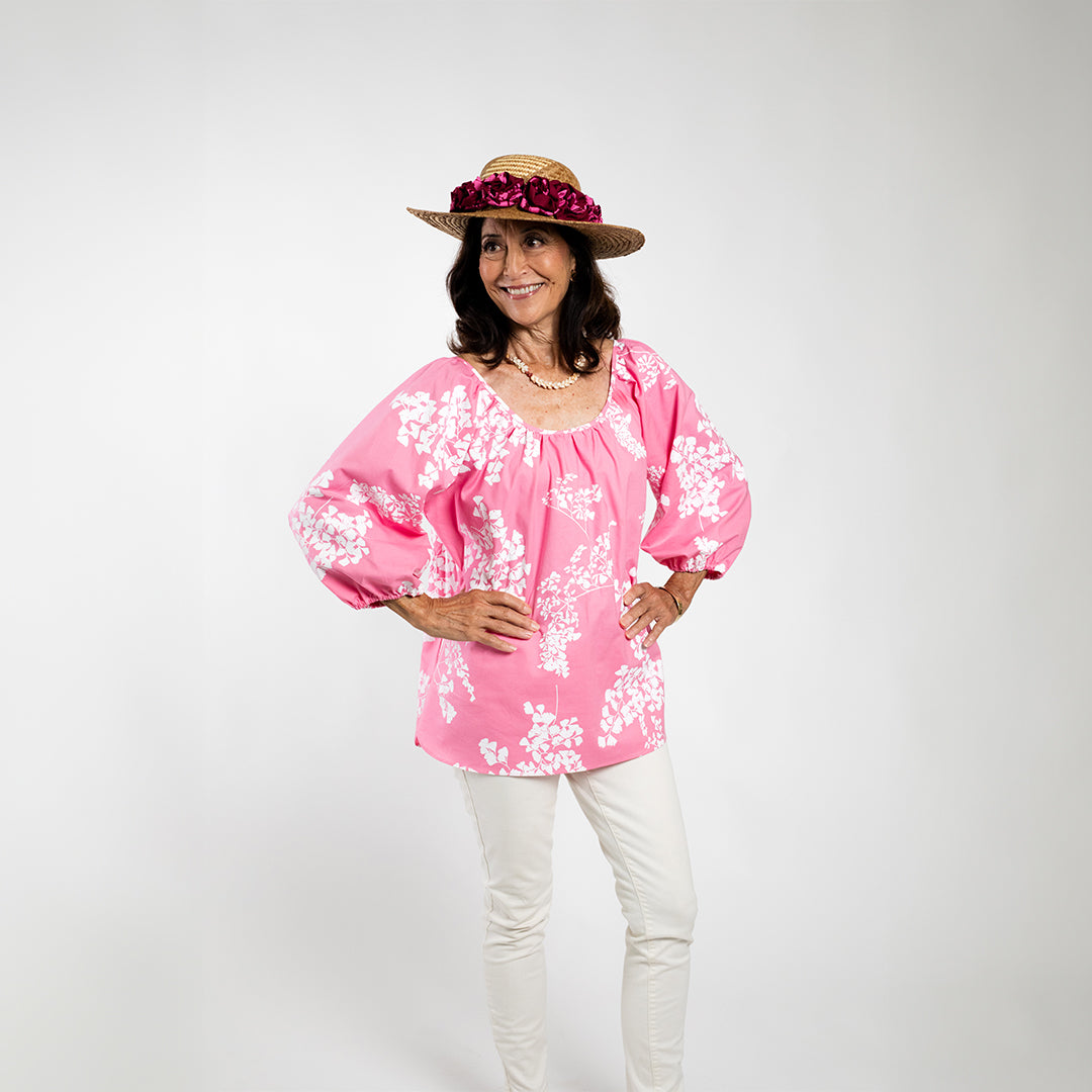 Hula Blouse | ʻIwaʻiwa Nui | White on Pink