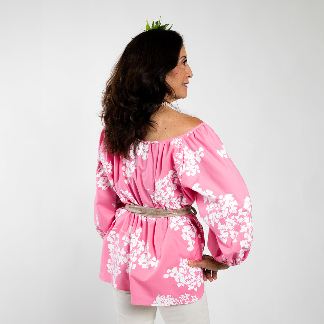 Hula Blouse | ʻIwaʻiwa Nui | White on Pink