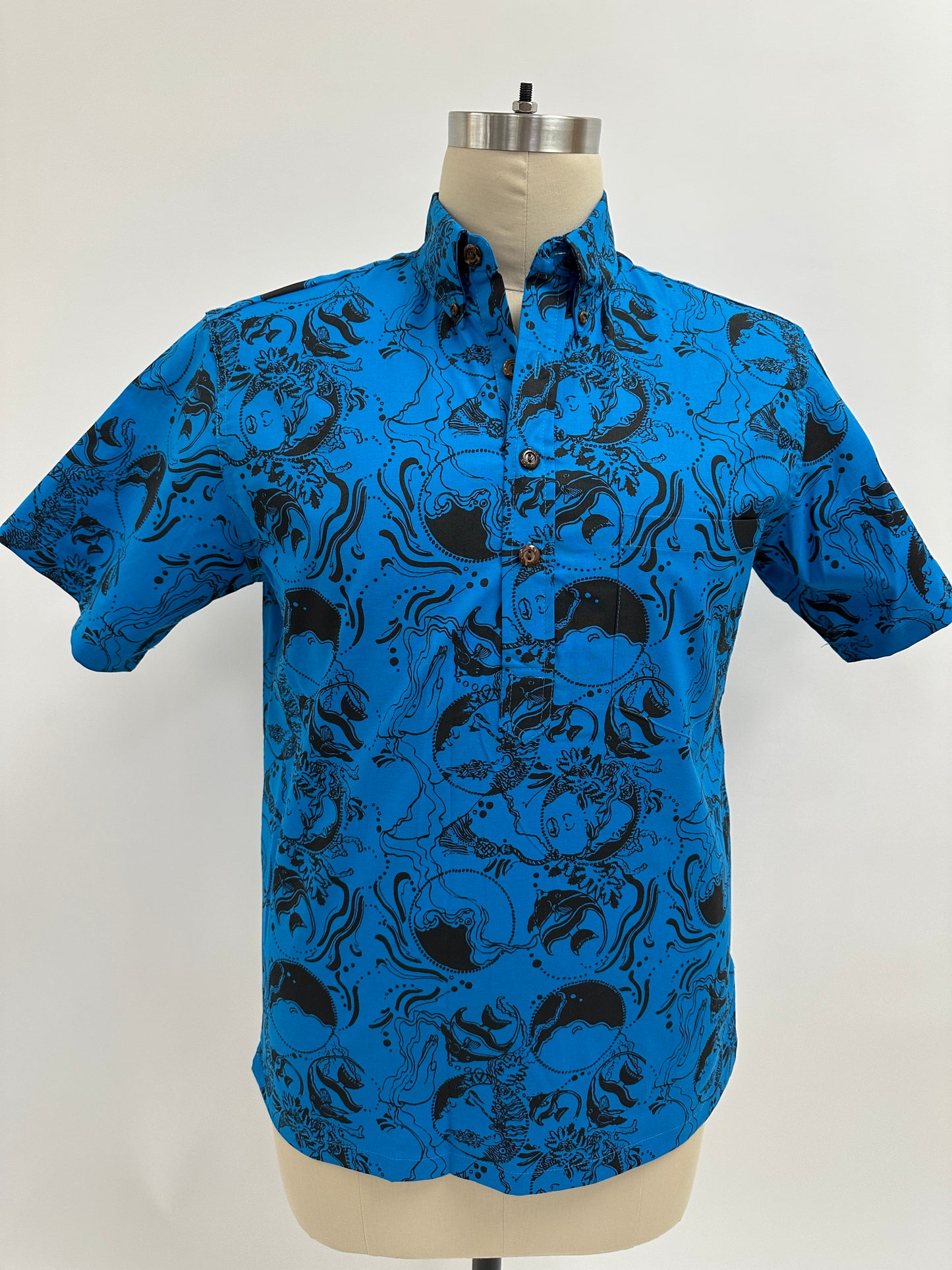 Pull Over Aloha Shirt |  Coral Reef | Black on Turquoise