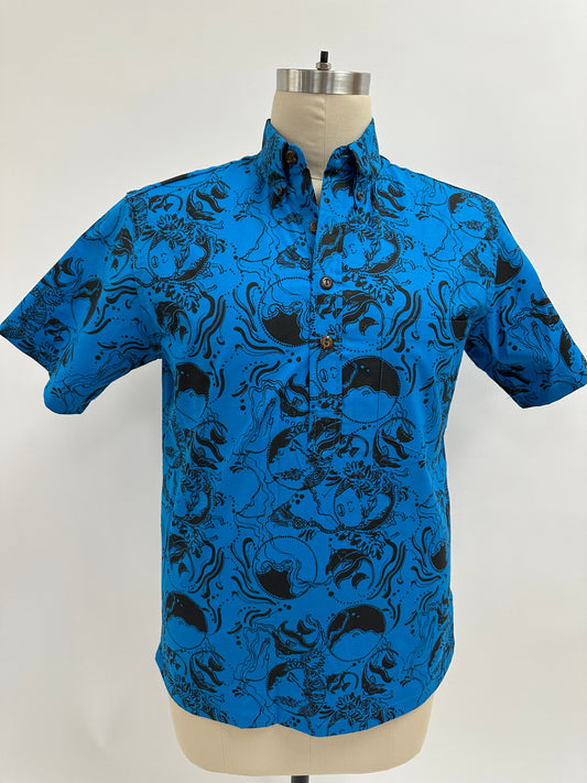 Pull Over Aloha Shirt |  Coral Reef | Black on Turquoise