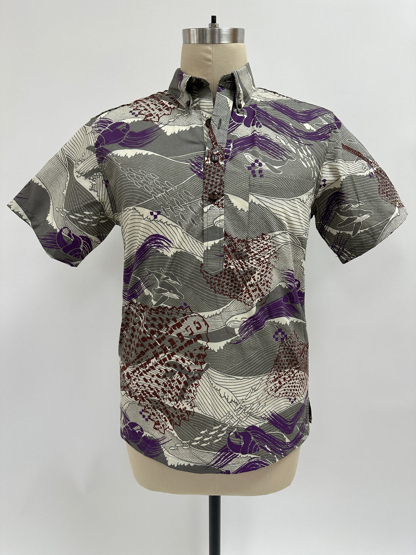 Pull Over Aloha Shirt |  Fans & Shells on Whale Print| Brown & Hibiscus on Grey & White