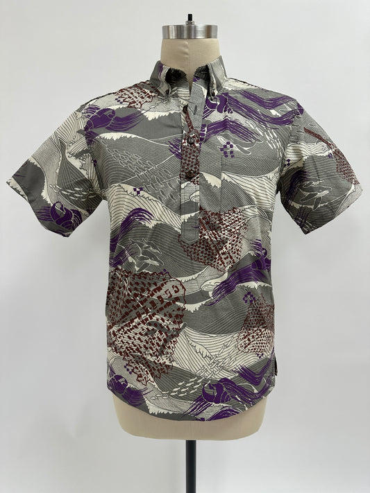 Pull Over Aloha Shirt |  Fans & Shells on Whale Print| Brown & Hibiscus on Grey & White