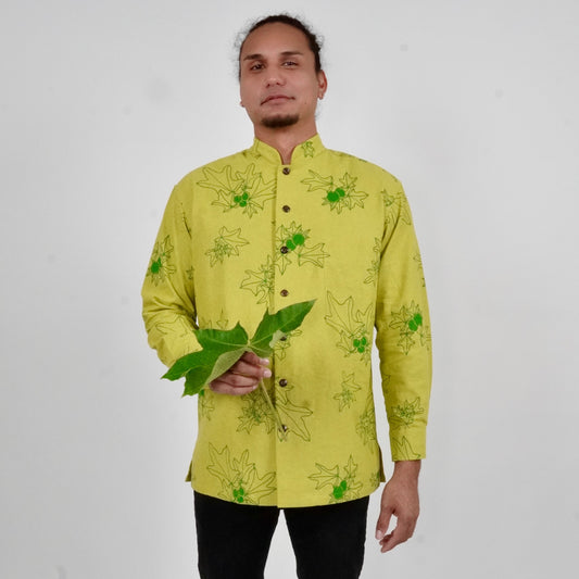 Nehru collar-Long Sleeve Button Down Shirt | Kukui | Green on Lime Green