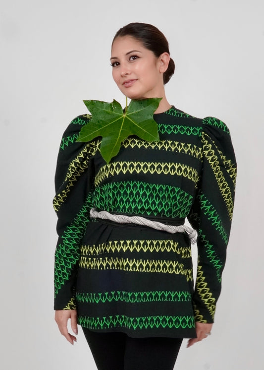 Ka'iulani Blouse | Ke'uke'u | Chartreuse-n-green on Black