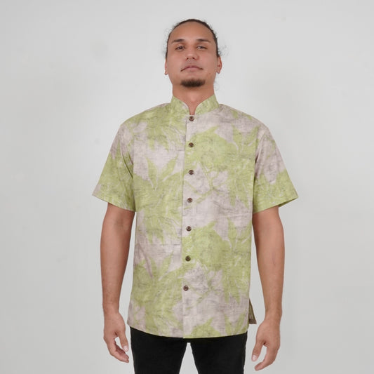Nehru Collar-Short Sleeve Button Down Shirt | Ulu | Green on Chalk & Charcoal