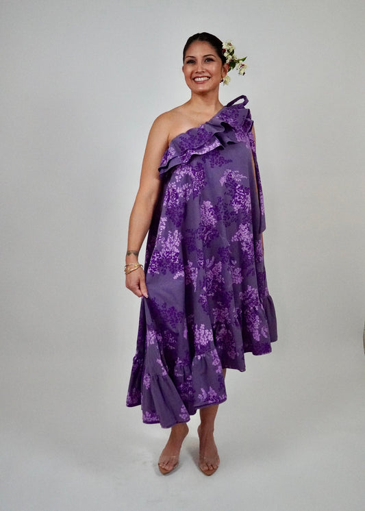 One Shoulder Dress |Iwa'iwa | Lavendar on Purple