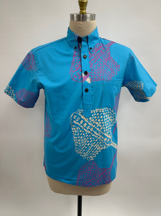 Pull Over Aloha Shirt | Lauhala Fans | Parchment and Corsage on Turquoise