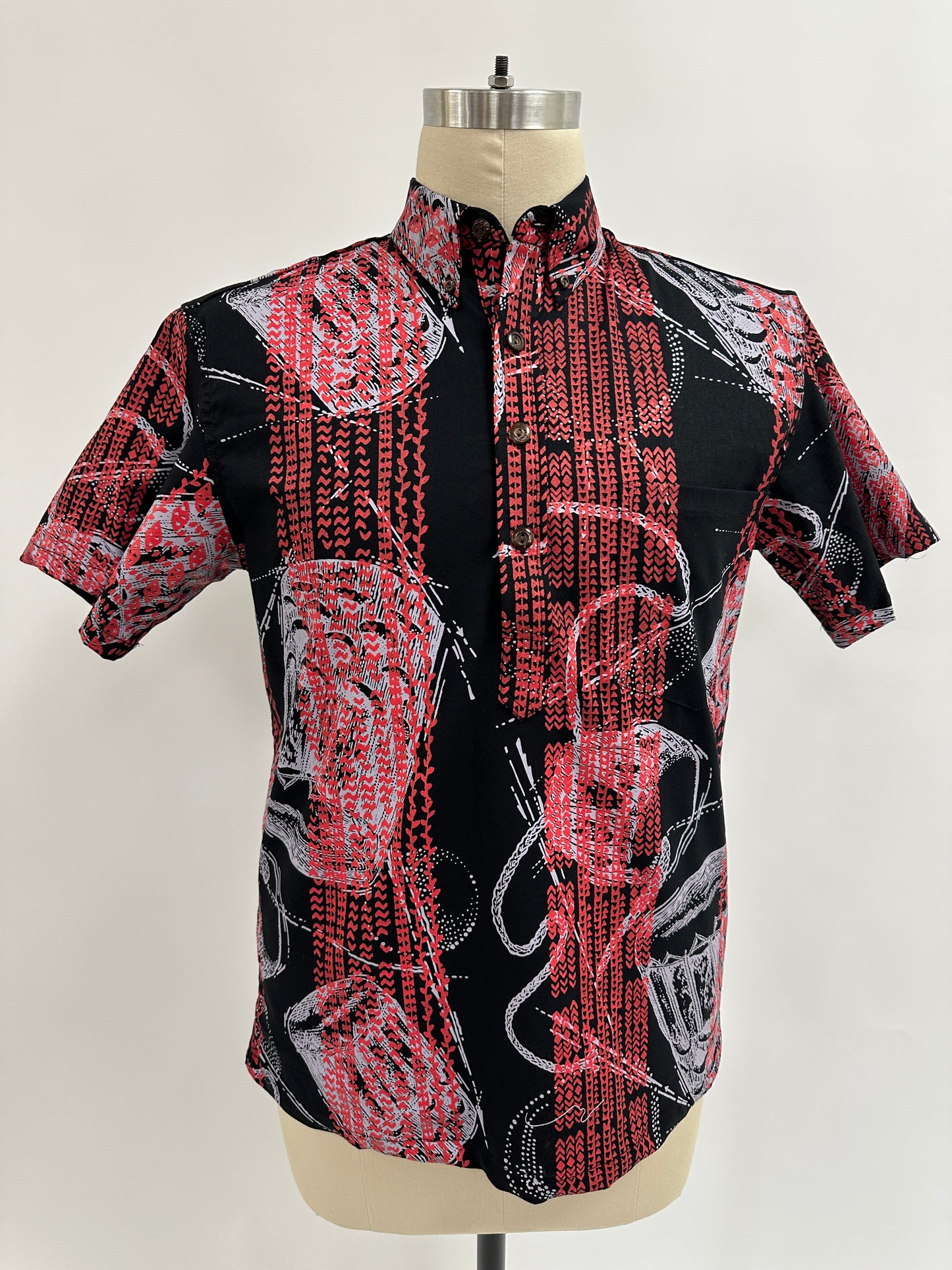 Pull Over Aloha Shirt | Pahu Puniu with Ohe Kapala | Quicksilver and Red on Black