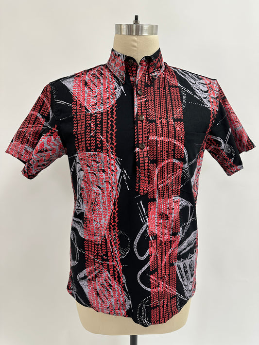 Pull Over Aloha Shirt | Pahu Puniu with Ohe Kapala | Quicksilver and Red on Black