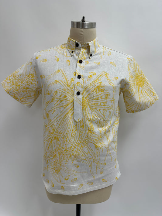Pull Over Aloha Shirt | Glitter Hala |Yellow on White