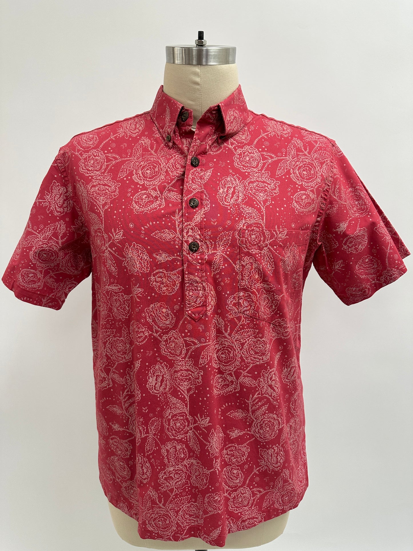 Pre-Loved Pull Over Aloha Shirt | Nake’u Awai | Lokelani | Cream on Deep Rose