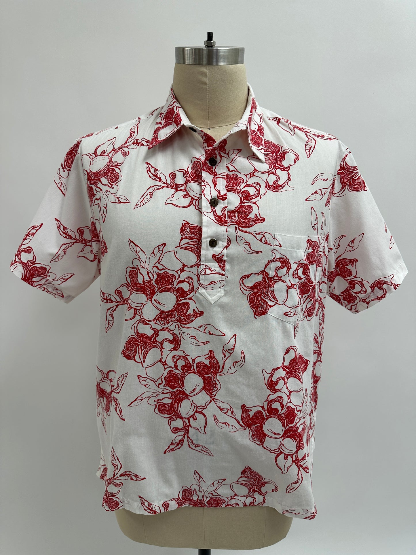 Pre-Loved Pull Over Aloha Shirt | Poi Pourri by Allen Akina with Woodrose print in Red on White