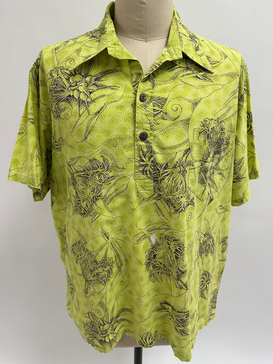 Pre-Loved Pull Over Aloha Shirt | Nake’u Awai | Spider Lily in Deep Violet on Printed Chartreuse