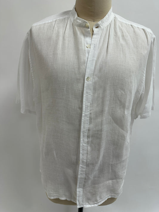 Pre-Loved Pull Over Aloha Shirt | Nake’u Awai | Full Button Short Sleeve Mandarin Collar White Linen