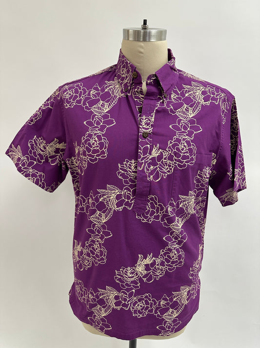 Pre-Loved Pull Over Aloha Shirt | Kiele | Cream on Violet