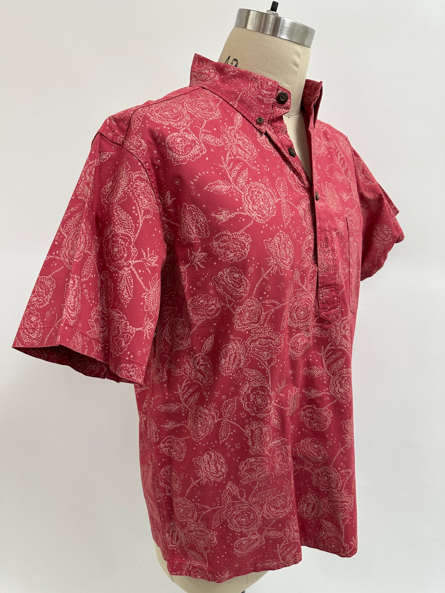 Pre-Loved Pull Over Aloha Shirt | Nake’u Awai | Lokelani | Cream on Deep Rose