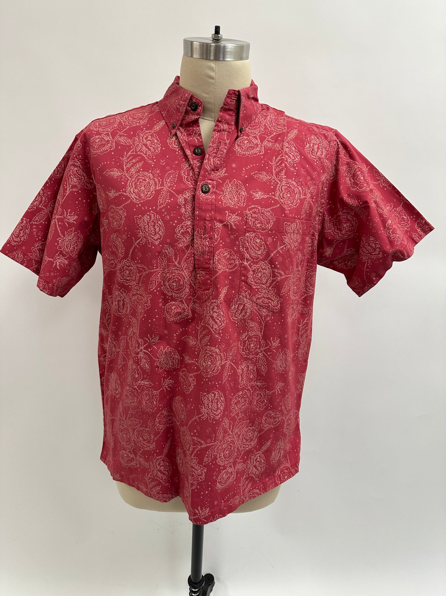 Pre-Loved Pull Over Aloha Shirt | Nake’u Awai | Lokelani | Cream on Deep Rose
