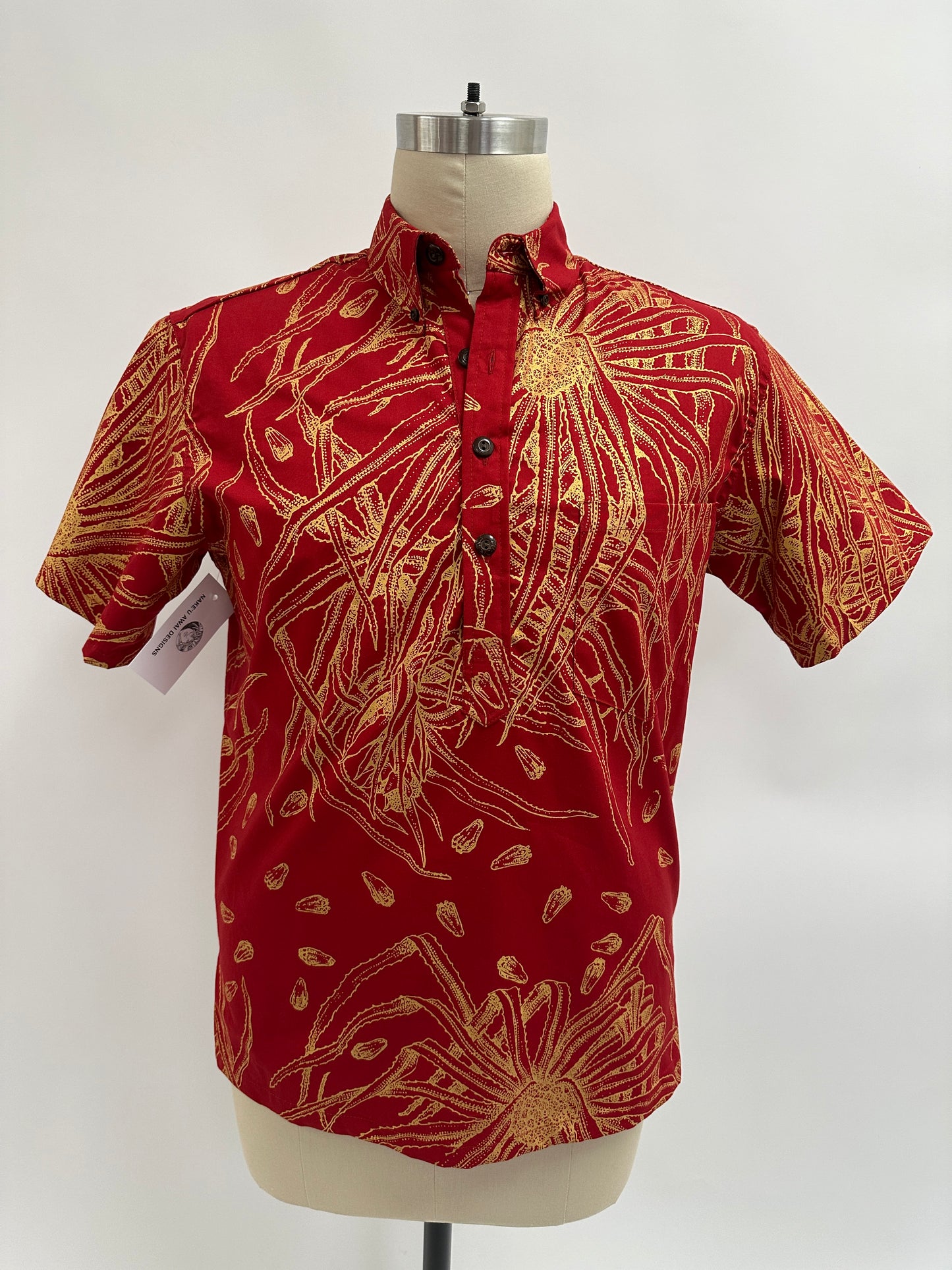 Pull Over Aloha Shirt | Hala | Gold on Red