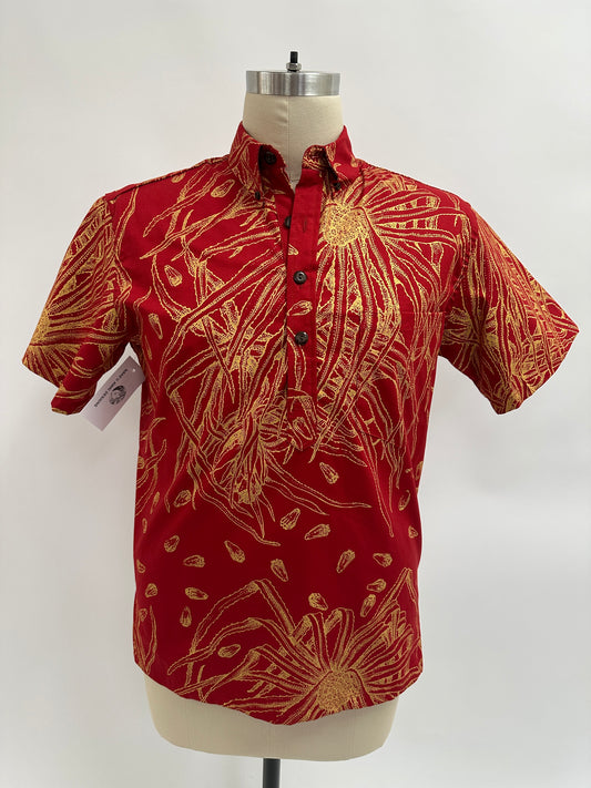 Pull Over Aloha Shirt | Hala | Gold on Red