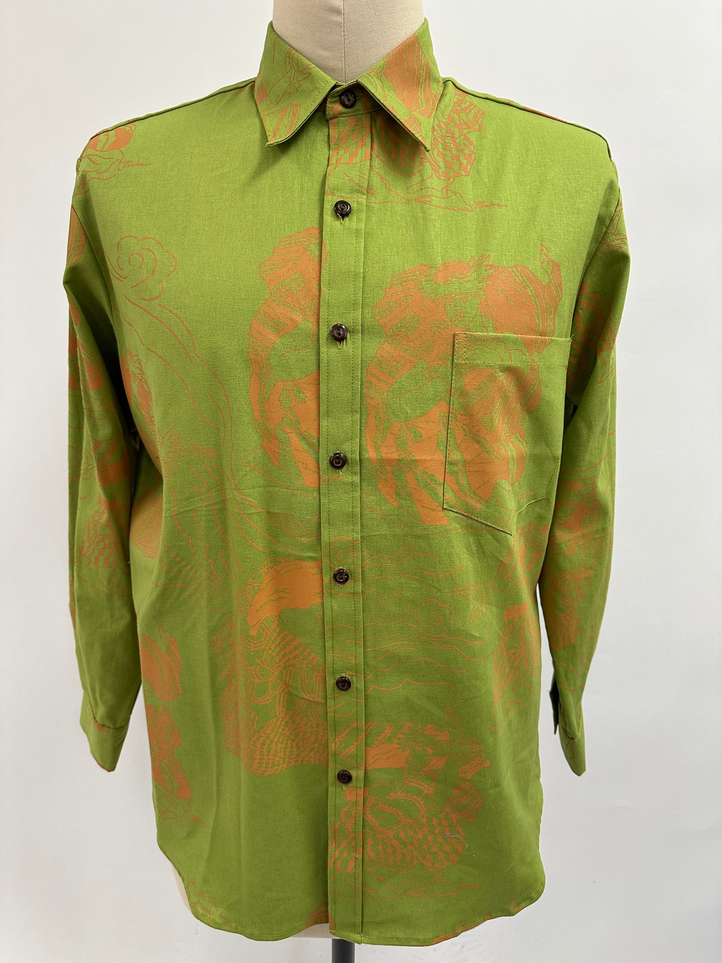 Long Sleeve Button  Down Shirt | Na Ho'opa'a Chantress  | Orange on Lime Green