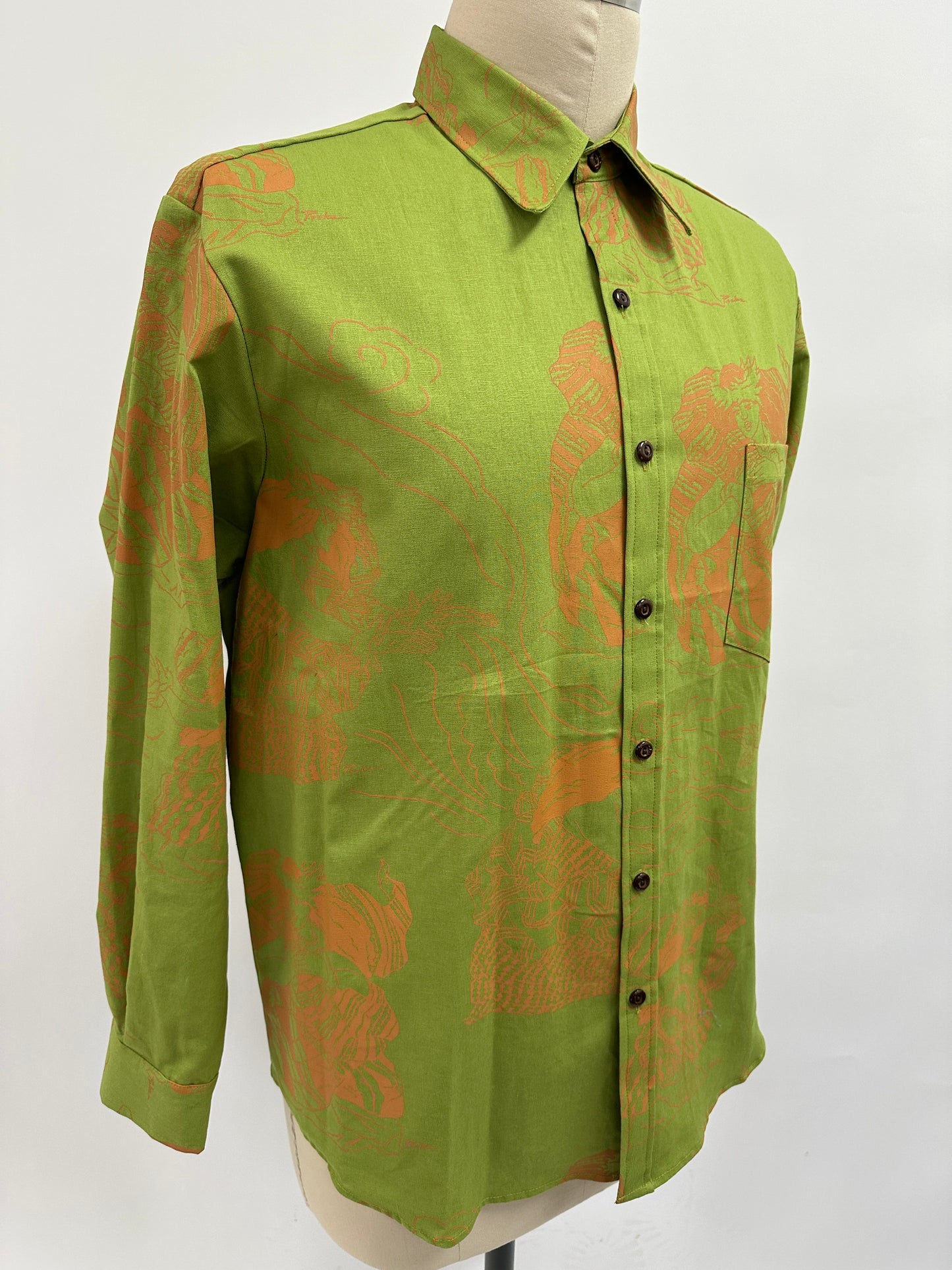 Long Sleeve Button  Down Shirt | Na Ho'opa'a Chantress  | Orange on Lime Green