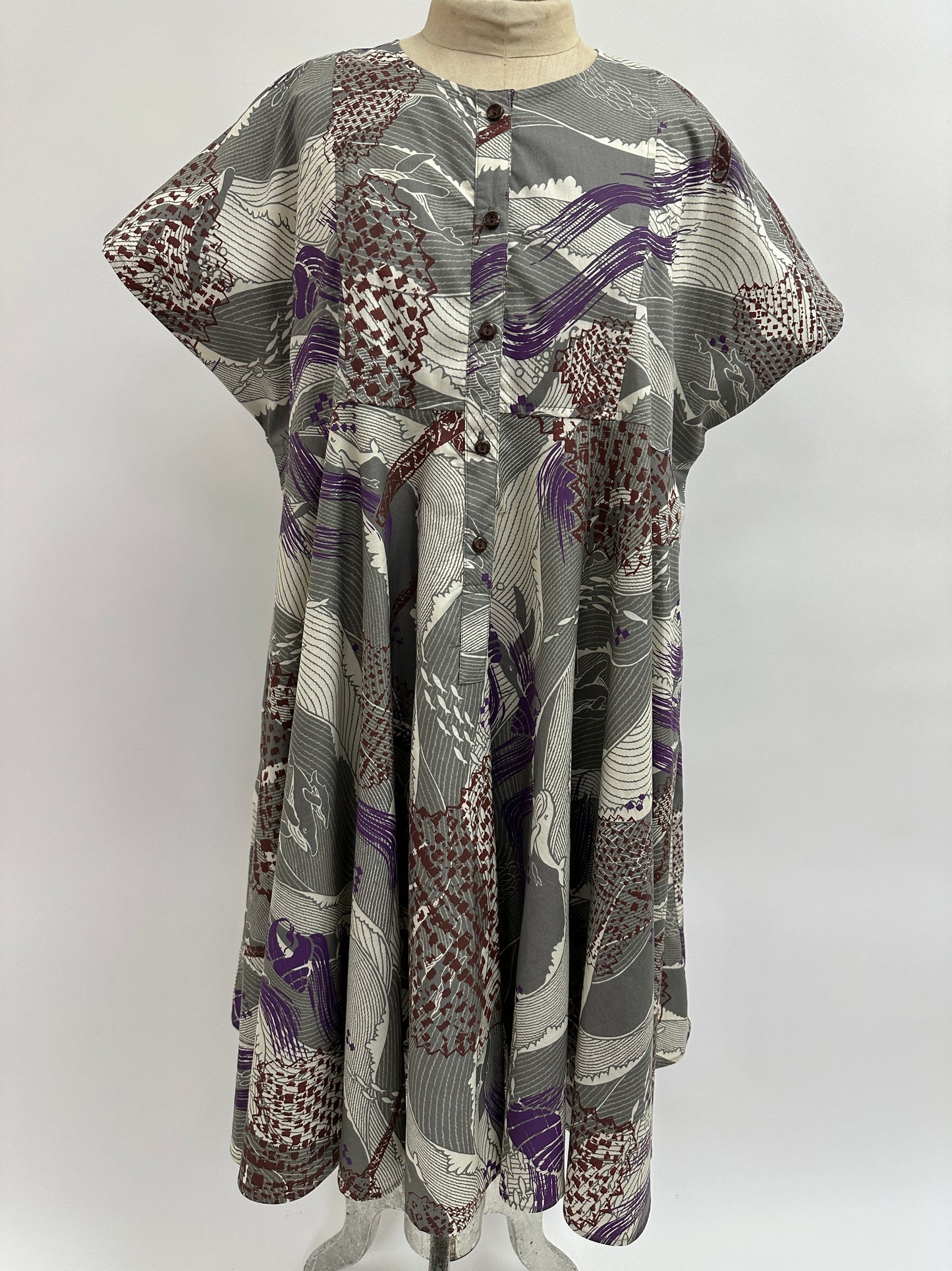Nu Dress | Fans & Shells on Whale print | Brown & Hibiscus on Gray & White