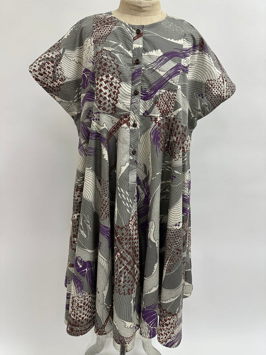 Nu Dress | Fans & Shells on Whale print | Brown & Hibiscus on Gray & White