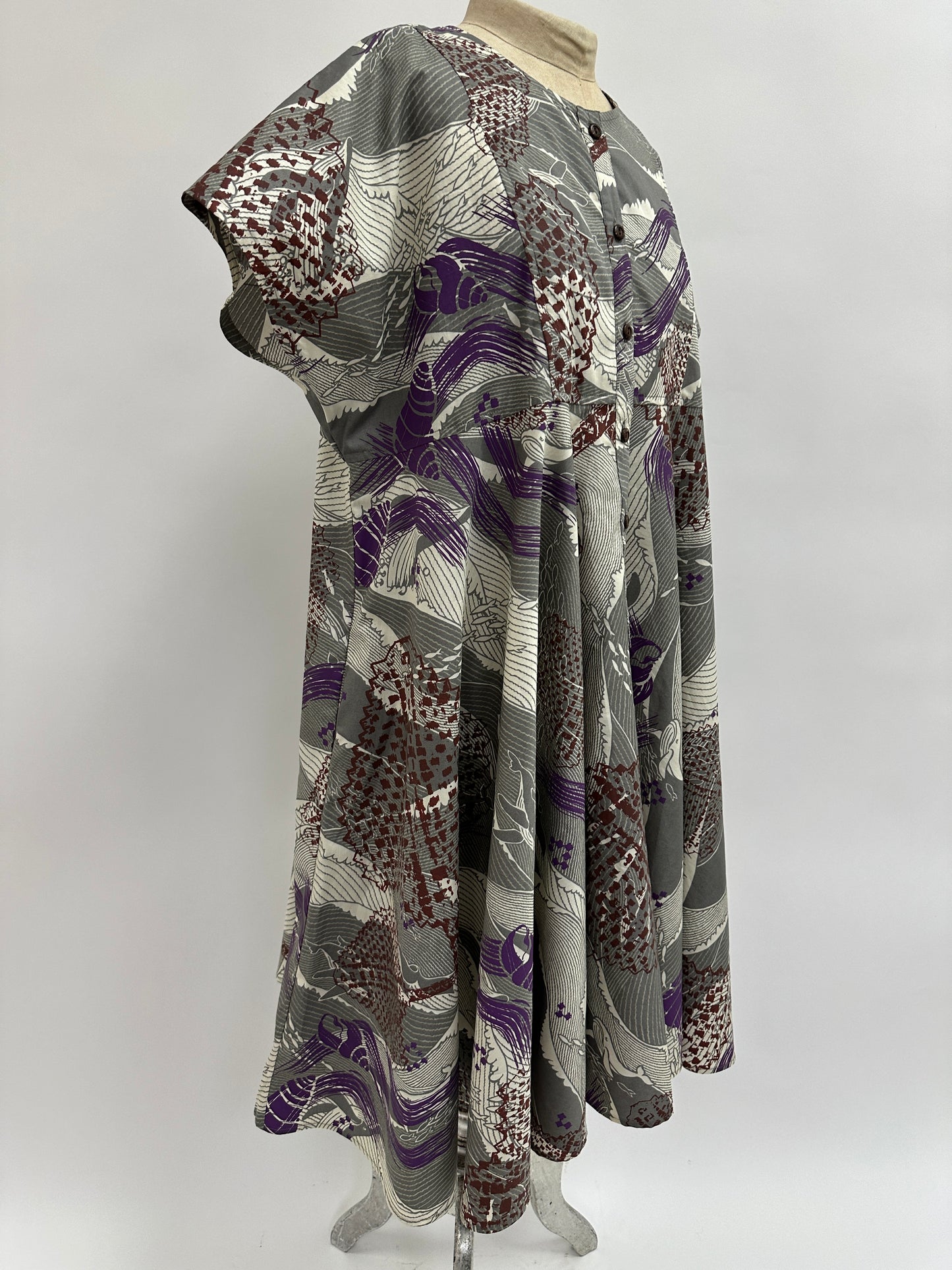 Nu Dress | Fans & Shells on Whale print | Brown & Hibiscus on Gray & White