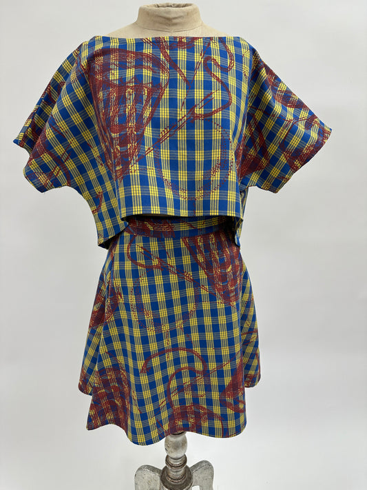 Sophie Crop Top | Pahu Puniu Drums | Paprika on Blue & Yellow Palaka